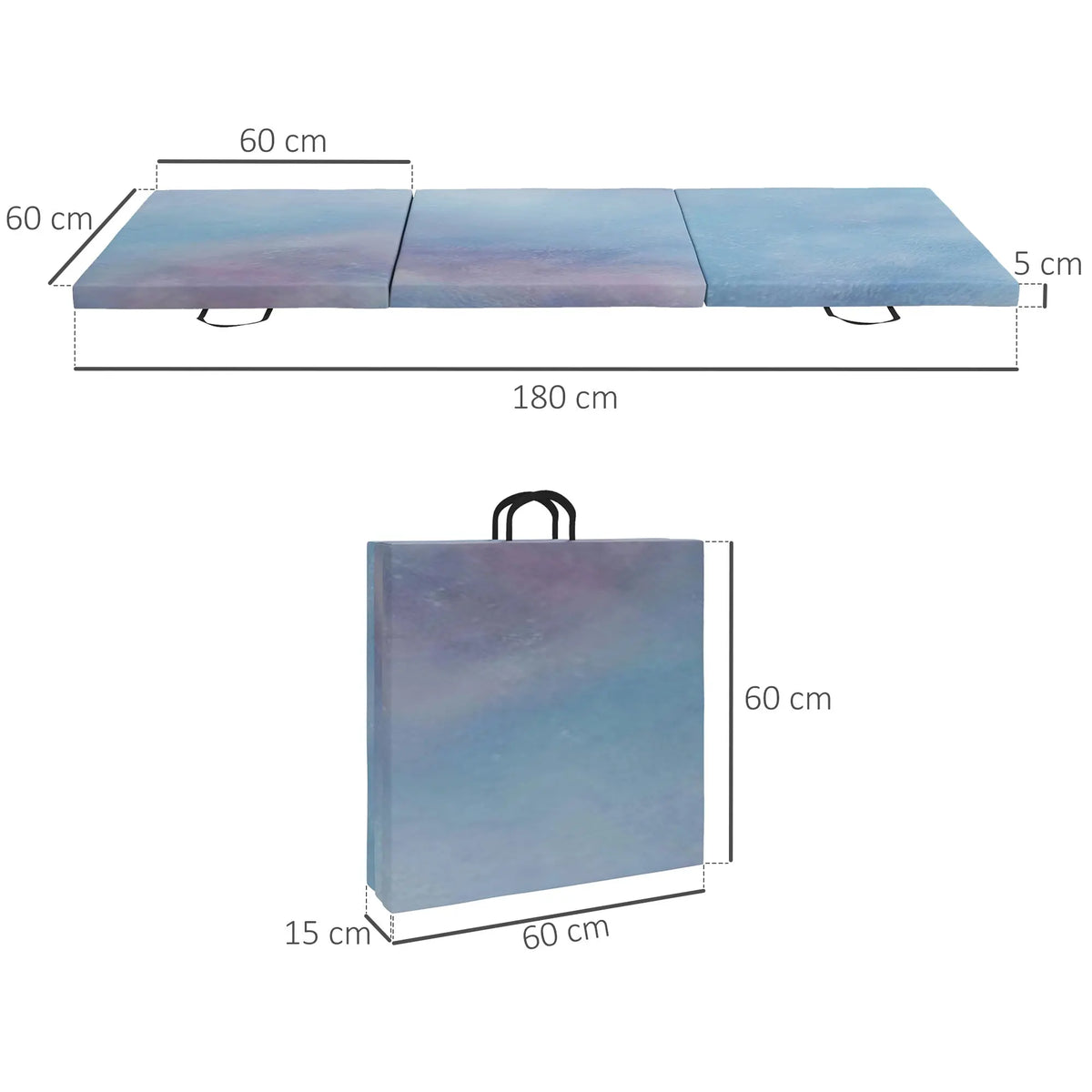 Tapis de gymnastique yoga pilates fitness pliable en 3 panneaux avec poignées revêtement synthétique 180 x 60 x 5cm bleu