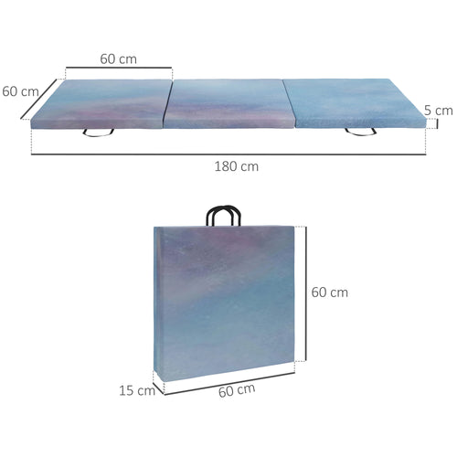 Tapis de gymnastique yoga pilates fitness pliable en 3 panneaux avec poignées revêtement synthétique 180 x 60 x 5cm bleu