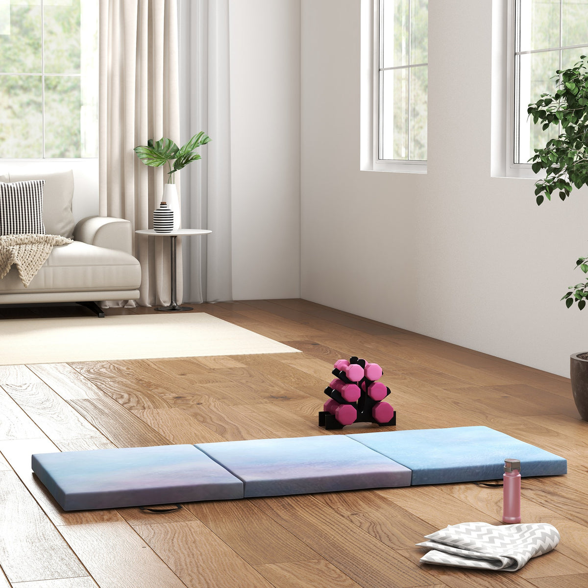 Tapis de gymnastique yoga pilates fitness pliable en 3 panneaux avec poignées revêtement synthétique 180 x 60 x 5cm bleu