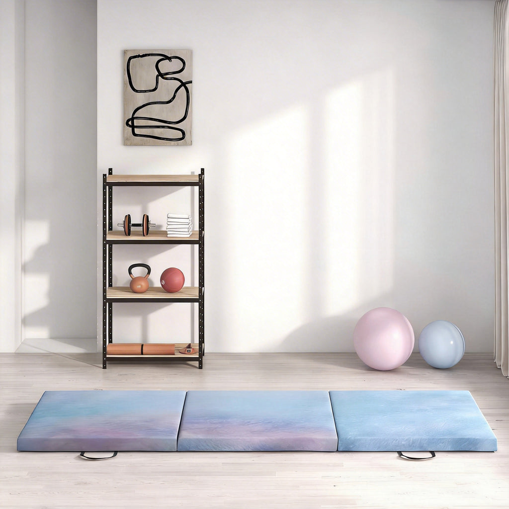 Tapis de gymnastique yoga pilates fitness pliable en 3 panneaux avec poignées revêtement synthétique 180 x 60 x 5cm bleu