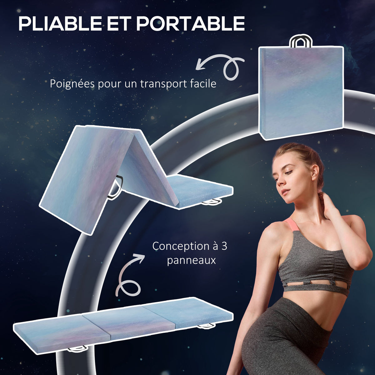 Tapis de gymnastique yoga pilates fitness pliable en 3 panneaux avec poignées revêtement synthétique 180 x 60 x 5cm bleu