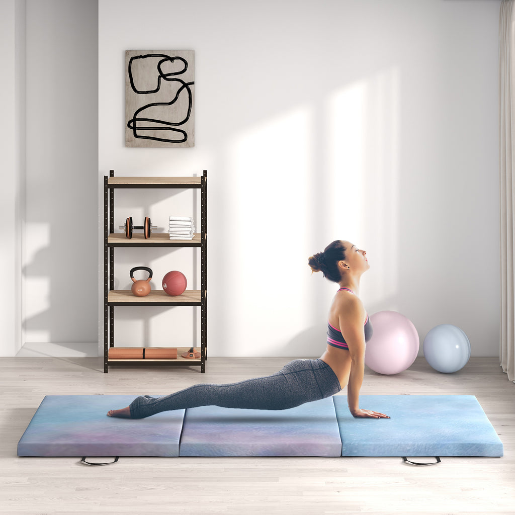 Tapis de gymnastique yoga pilates fitness pliable en 3 panneaux avec poignées revêtement synthétique 180 x 60 x 5cm bleu