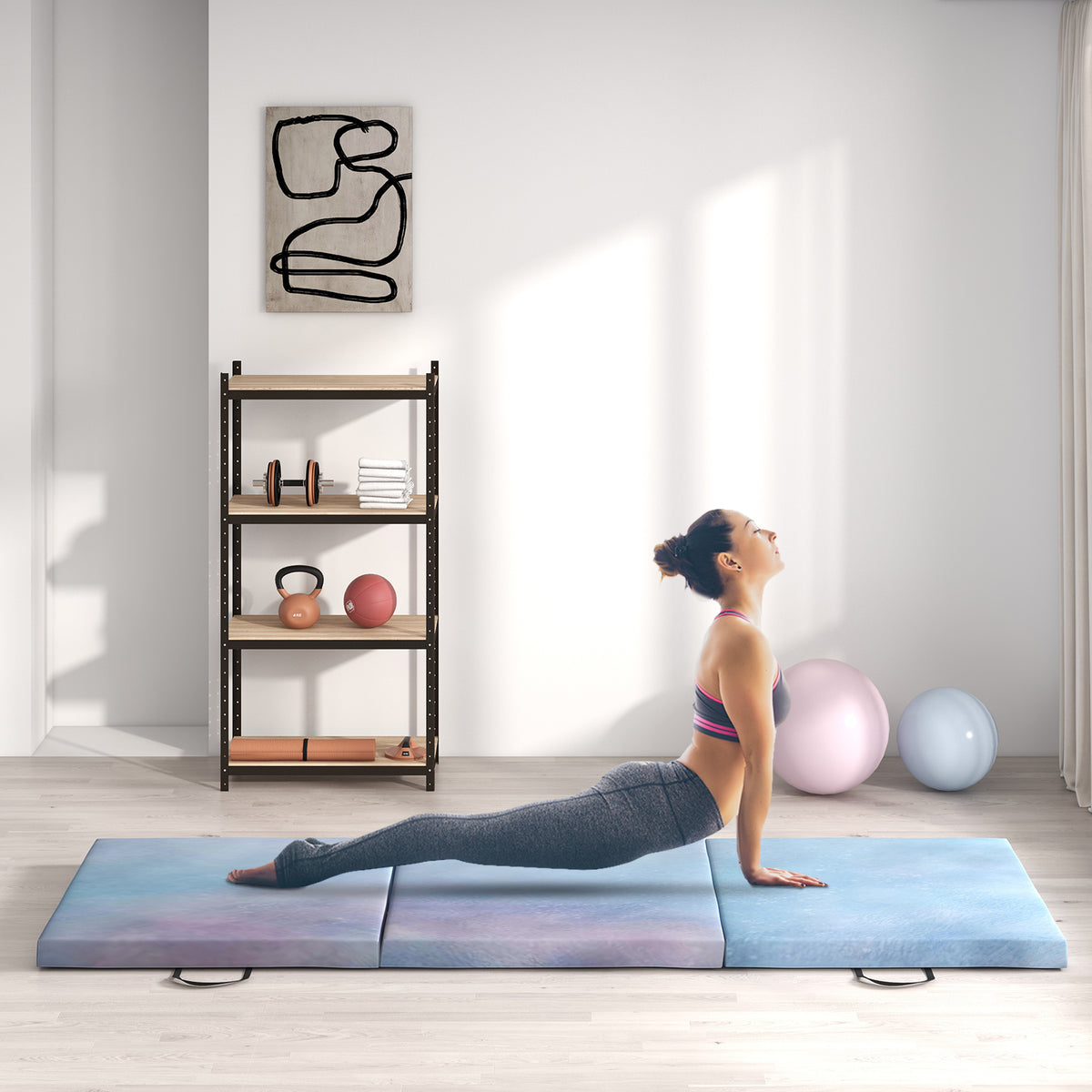 Tapis de gymnastique yoga pilates fitness pliable en 3 panneaux avec poignées revêtement synthétique 180 x 60 x 5cm bleu
